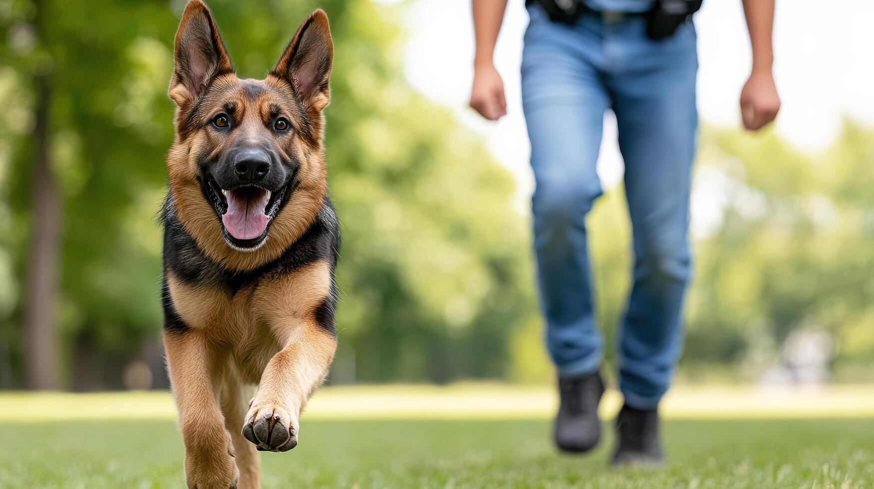 police dog running happily during training exercise with its handler photo