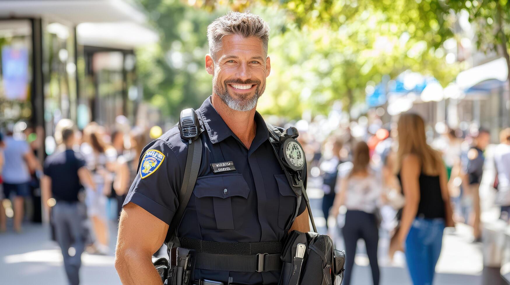police officer smiling confidently in busy outdoor setting photo