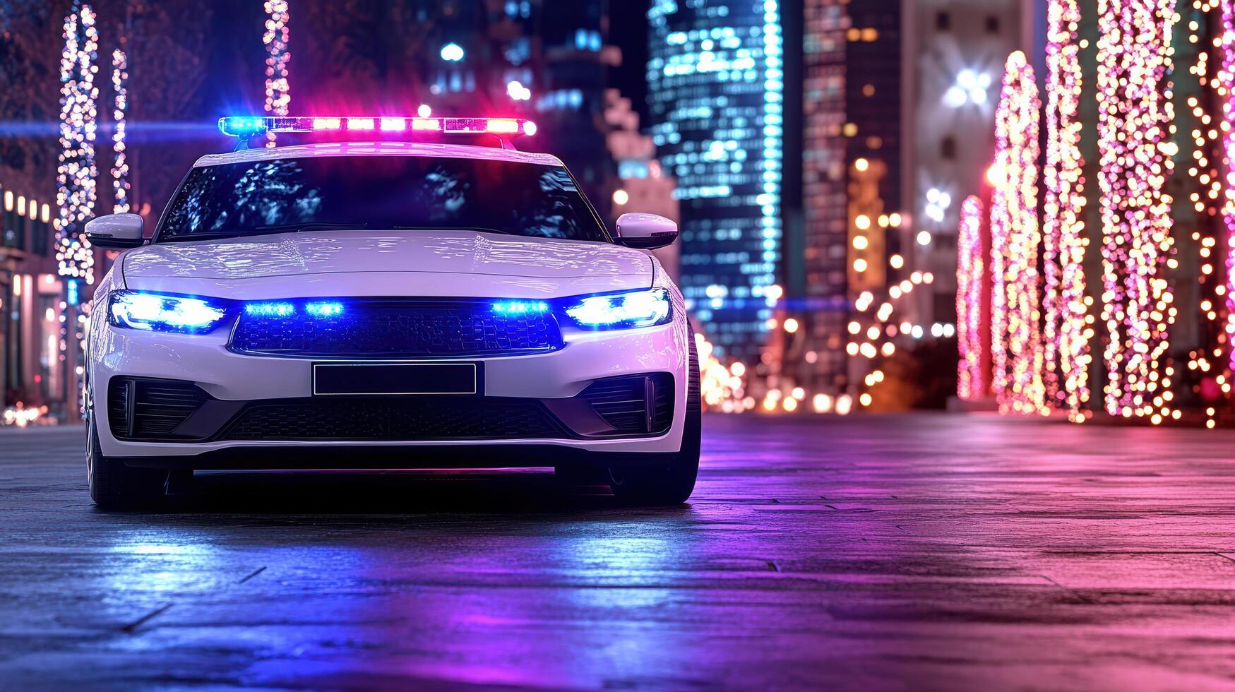 police car with flashing lights parked in city at night, creating vibrant atmosphere photo