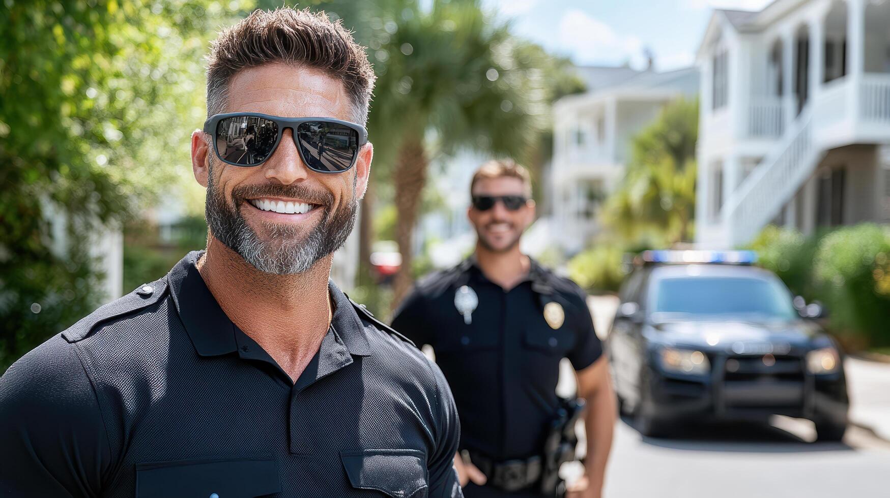 Smiling police officers in sunglasses on sunny residential street photo
