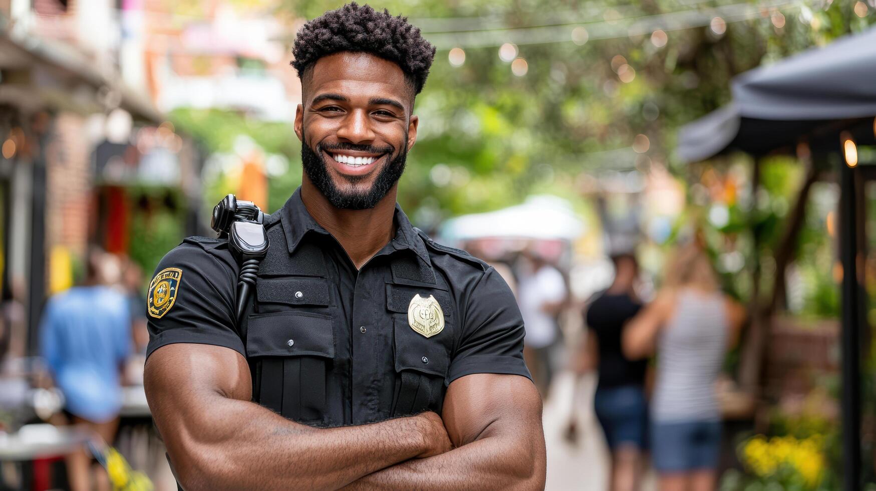 confident police officer smiling while standing guard at public event photo