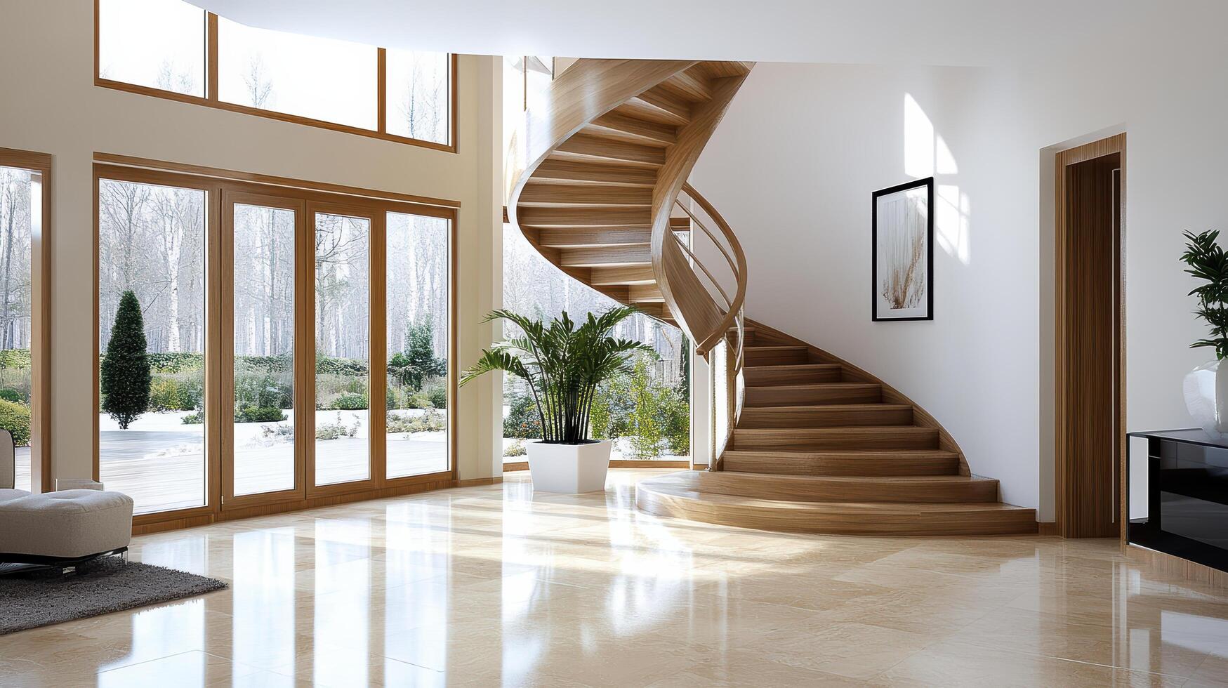 beautiful house with unique spiral staircase and large windows photo