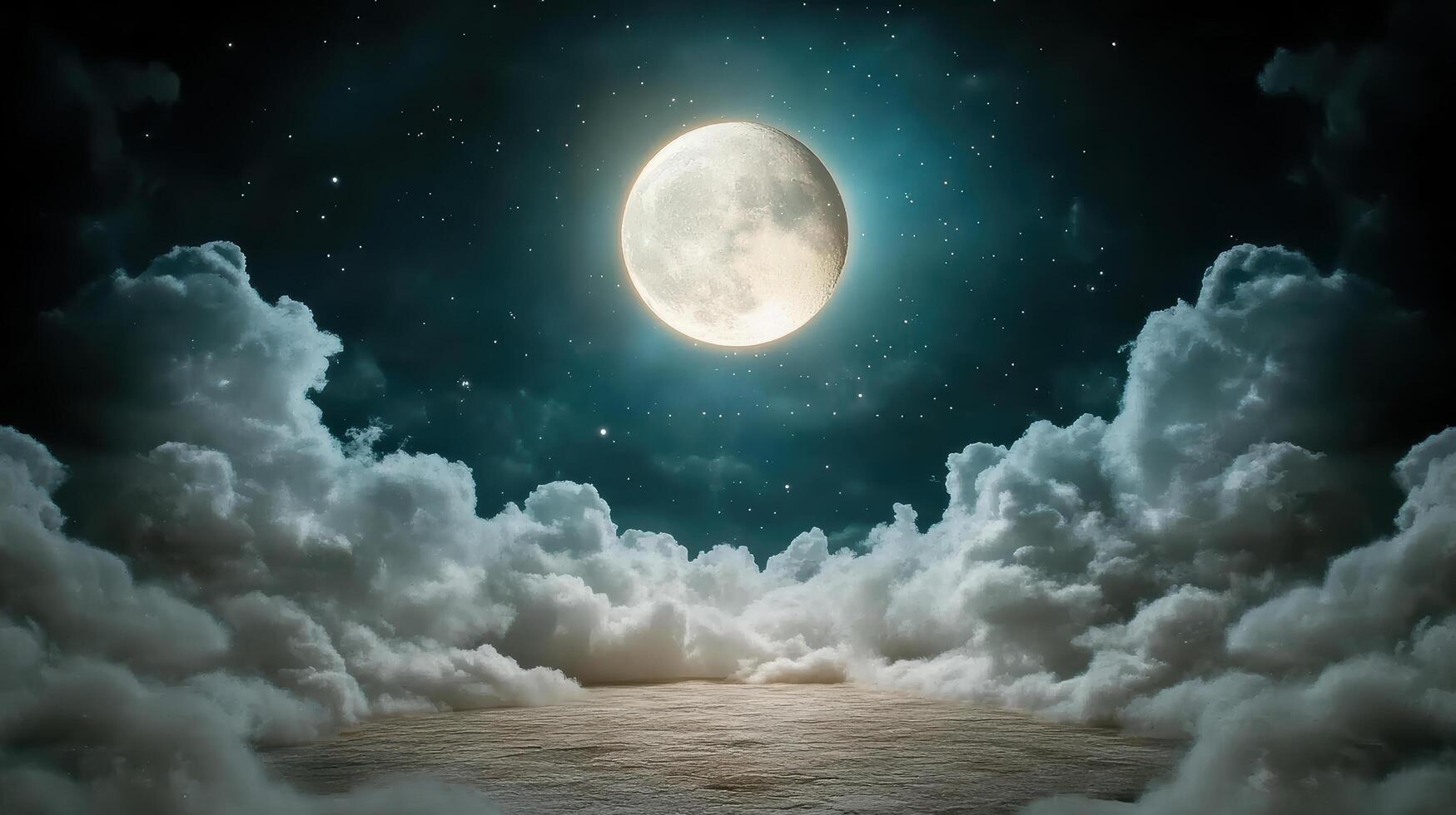 magical night sky with full moon and glowing clouds creates serene atmosphere photo