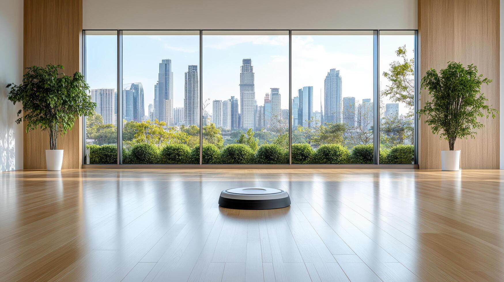 modern room with city skyline view and robotic vacuum photo