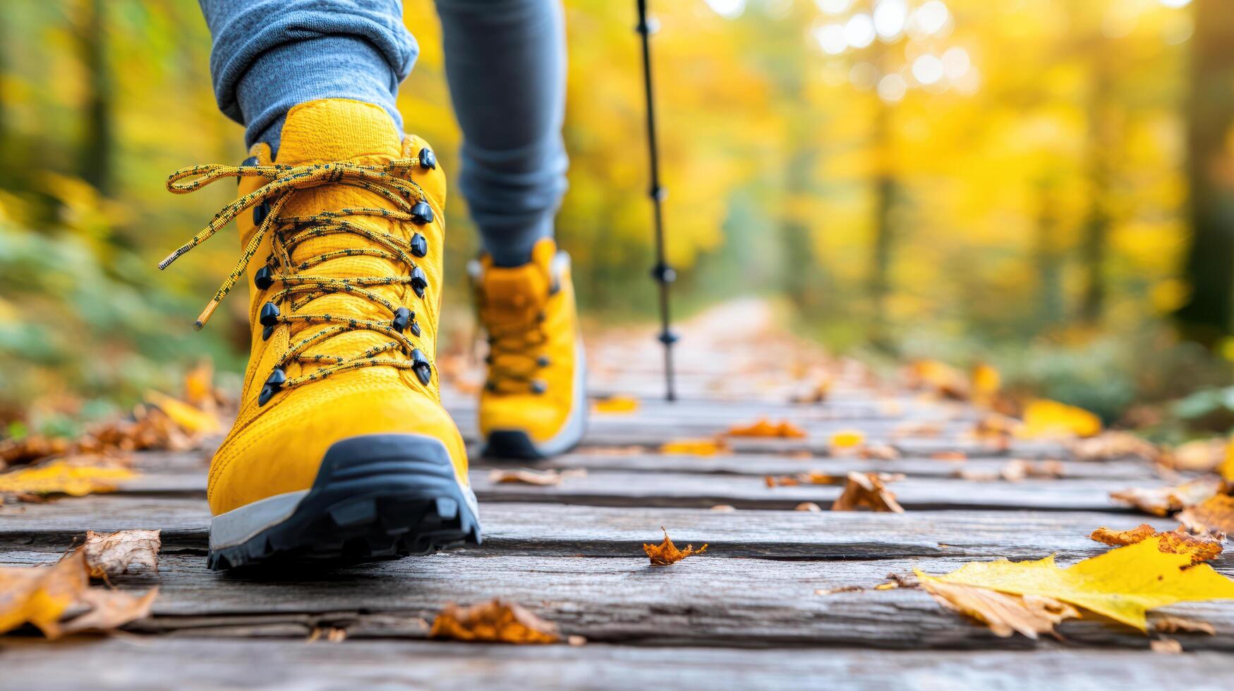 person hiking on wooden path surrounded by autumn foliage, symbolizing freedom and adventure photo