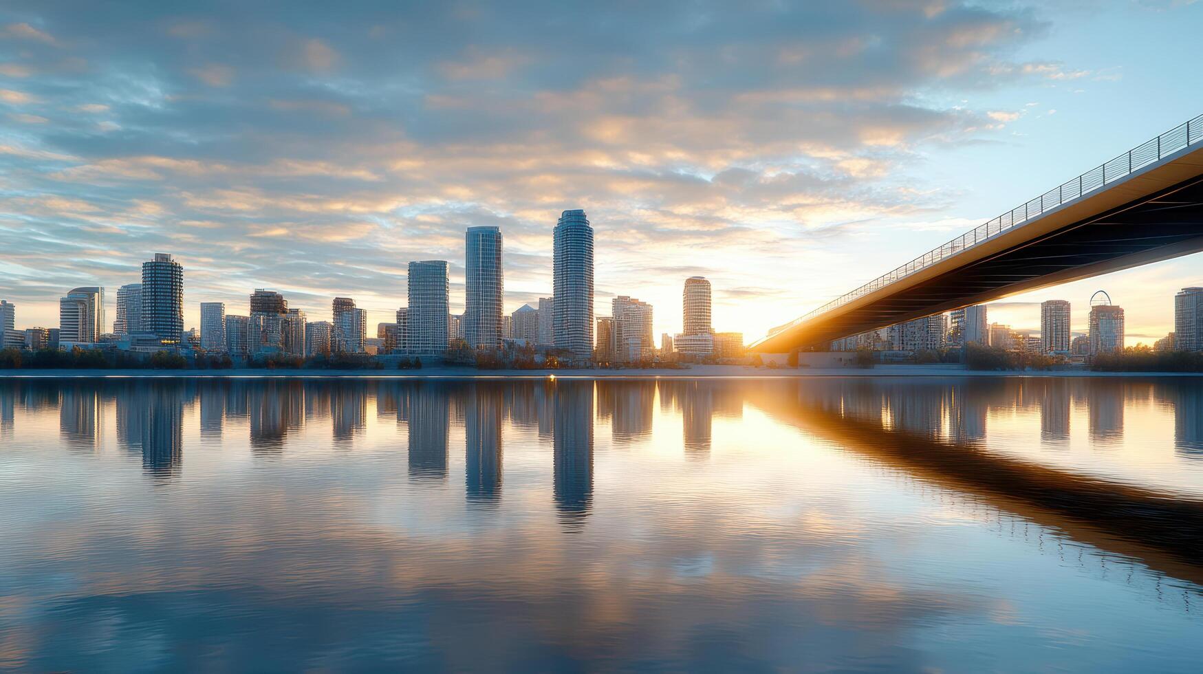 serene skyline city at dusk with silhouette of buildings reflected in water photo