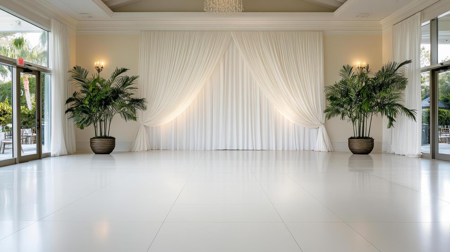 Elegant white curtain backdrop with potted plants in spacious venue photo