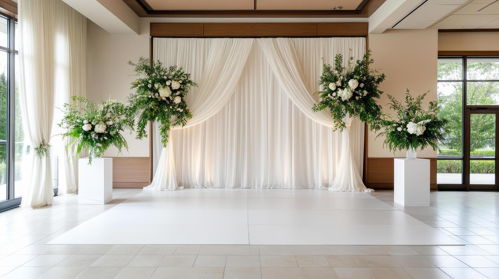 Elegant white curtain backdrop with floral arrangements for events photo