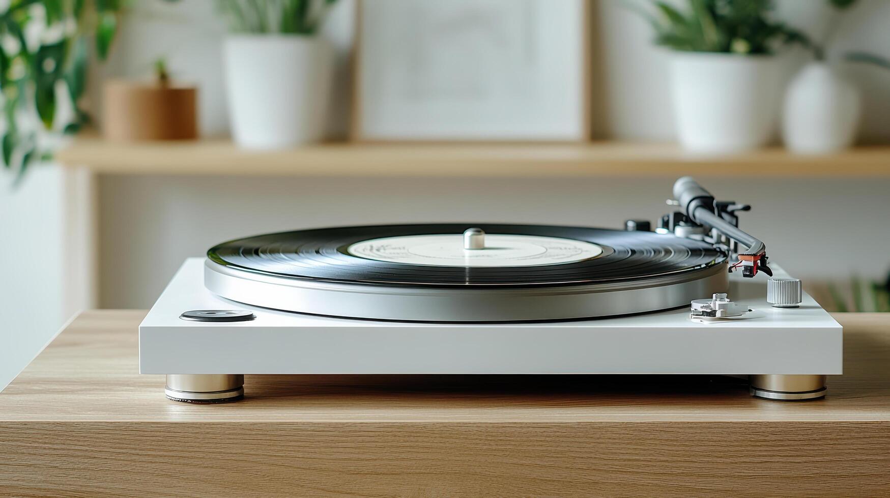 Vinyl record player on wooden table with plants in background photo