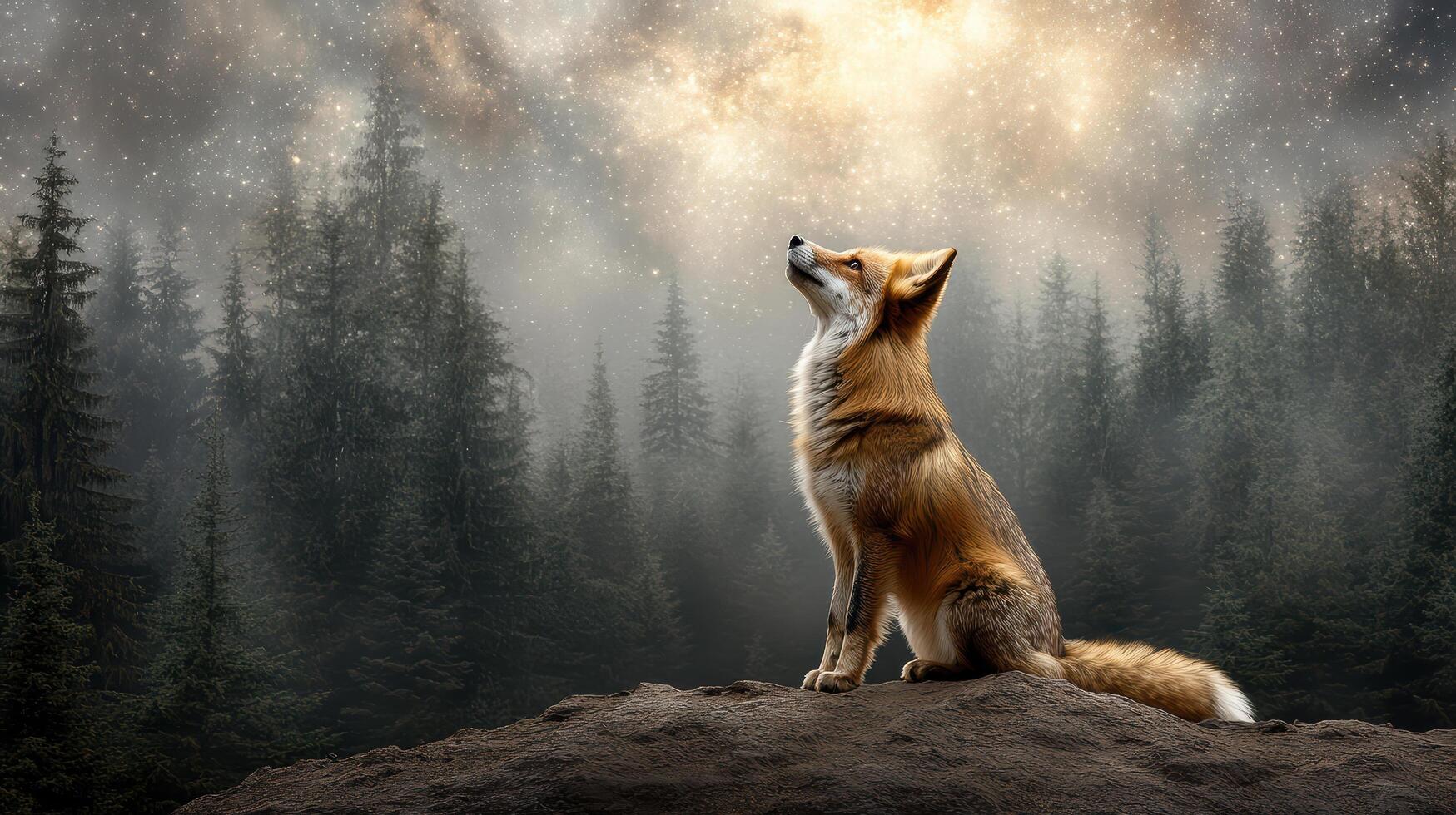 cosmic fox gazes at starry sky in mystical forest setting photo