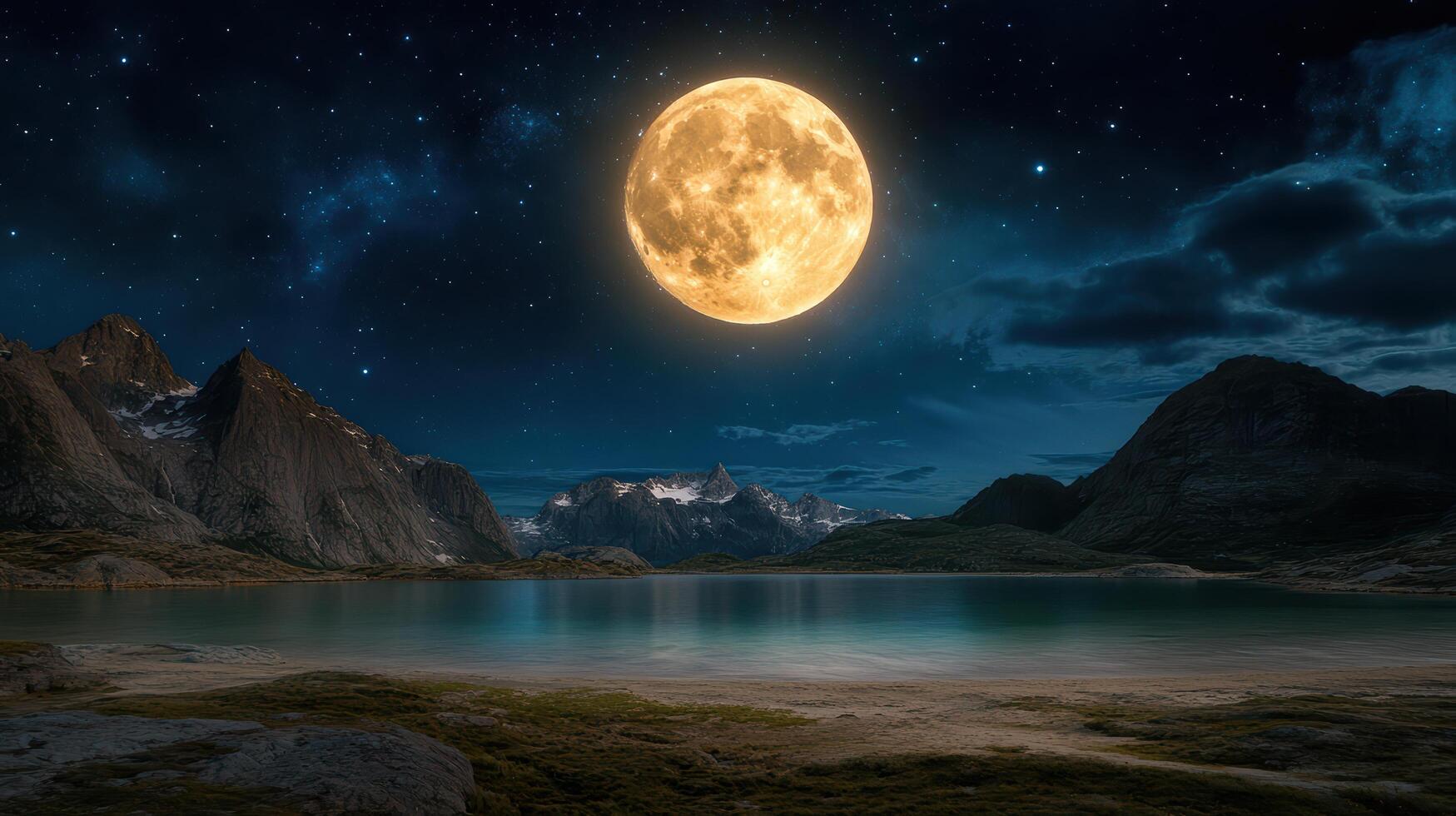 stunning cosmic landscape featuring giant moon illuminating serene lake surrounded by mountains photo