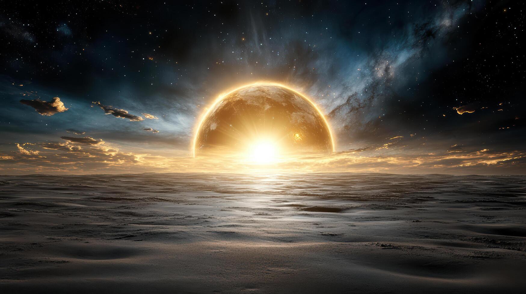 cosmic landscape with giant sun setting over vast horizon, creating serene atmosphere photo
