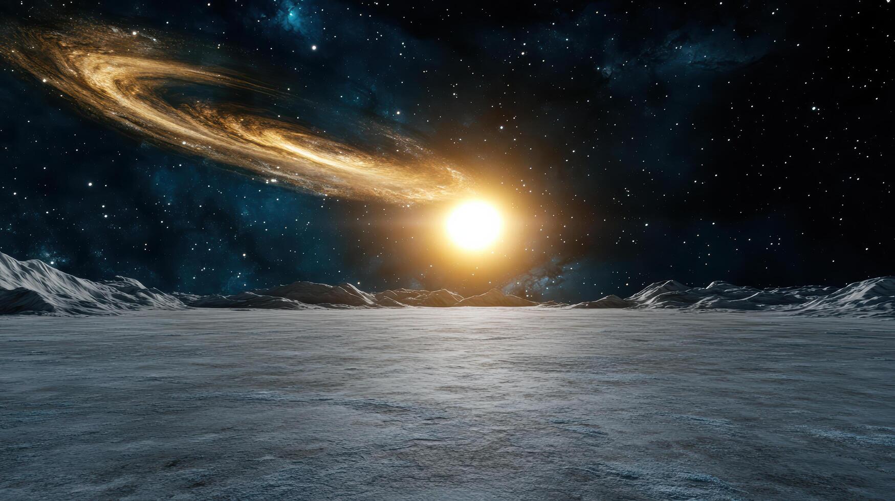 cosmic landscape featuring giant sun setting over distant galaxy, evoking wonder photo