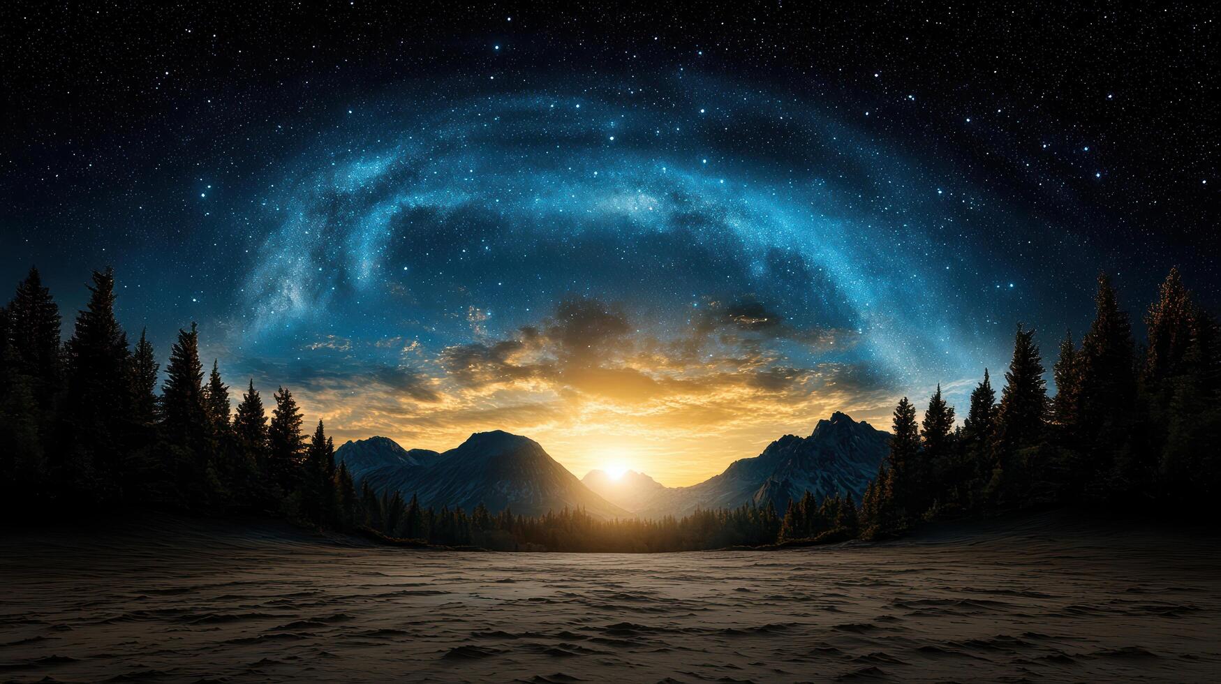 cosmic landscape with shimmering aurora over majestic mountains photo