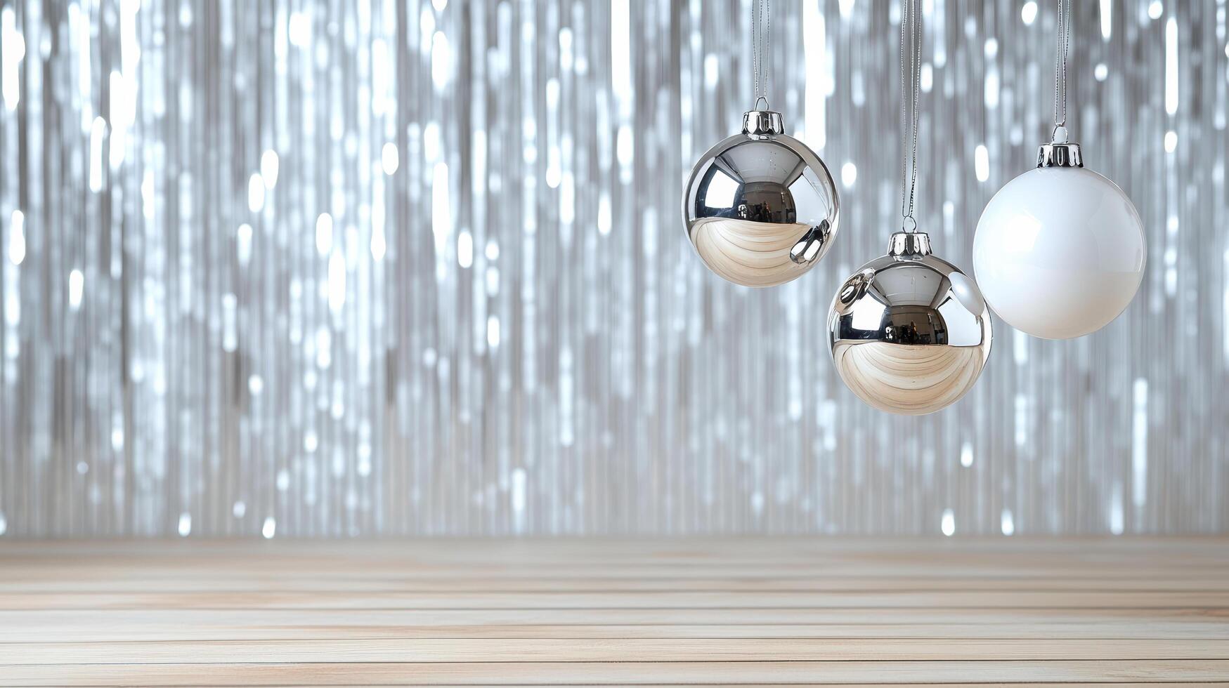 Shiny silver and white ornaments hanging against festive backdrop photo