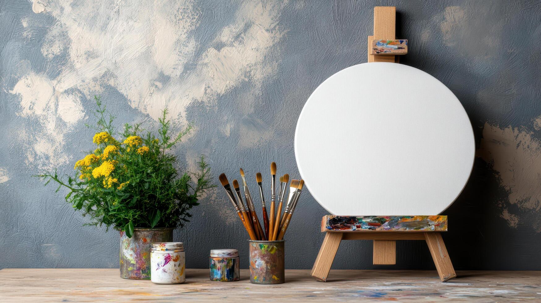 vibrant art studio setup with brushes, paint, and blank canvas photo