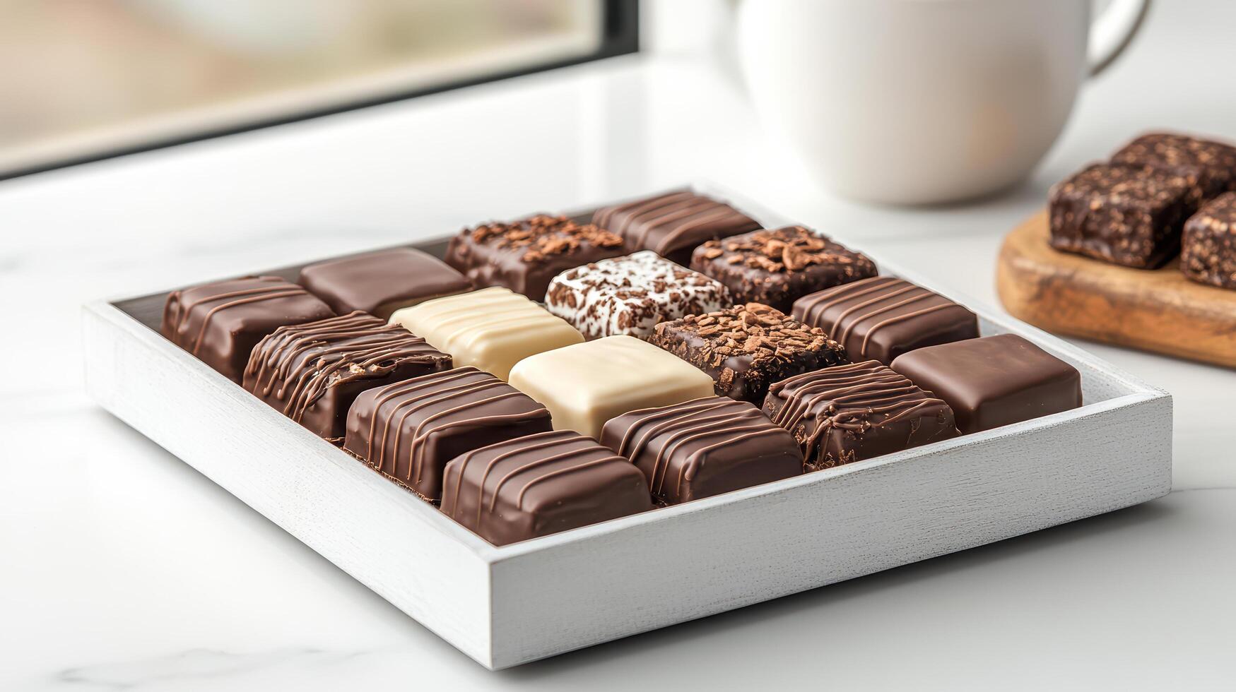 Gourmet chocolate display with elegant packaging and various flavors photo
