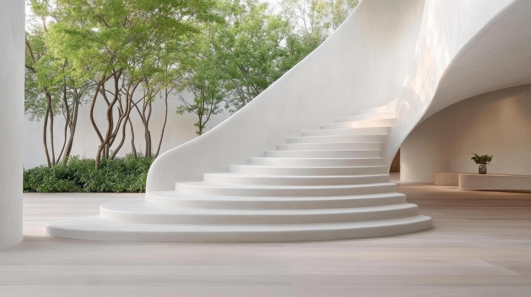 minimalist staircase in serene building surrounded by greenery photo