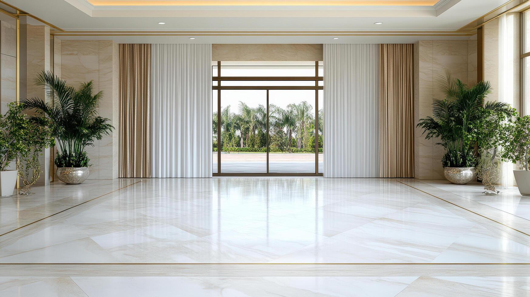 Luxurious interior with elegant curtains and marble flooring, featuring plants photo