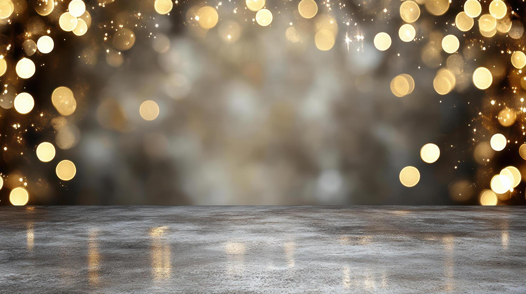 shimmering background with golden bokeh lights and reflective surface photo
