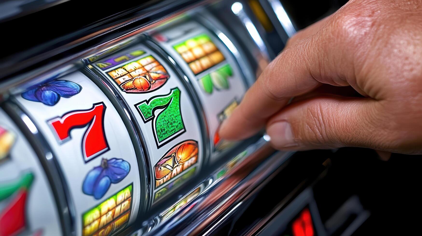 close up of hand pulling slot machine handle, evoking excitement and anticipation photo