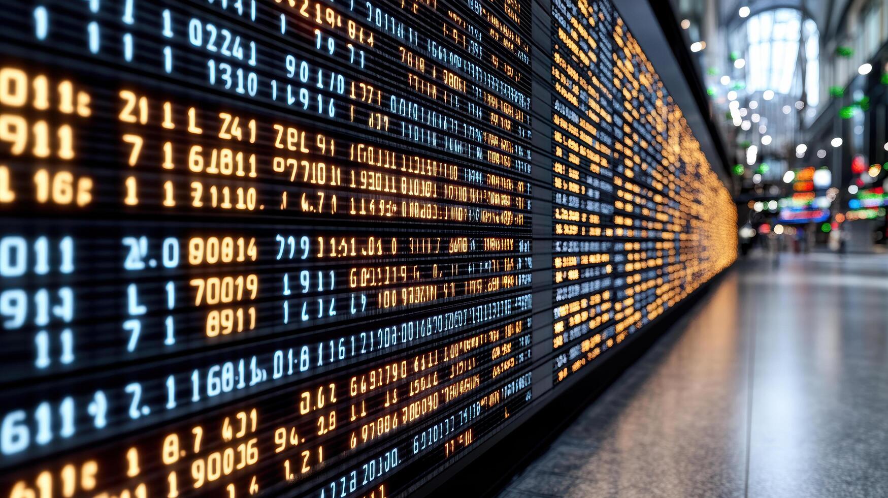 close up of stock ticker tape displaying fluctuating numbers and data photo