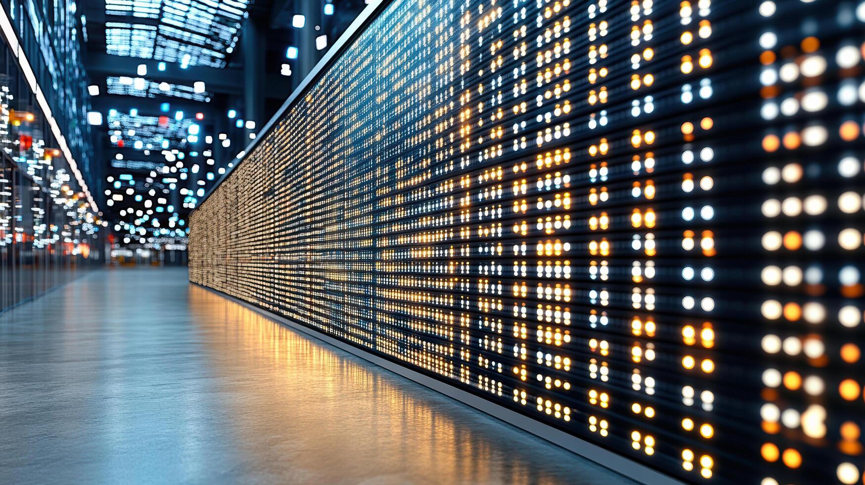 close up of stock ticker tape displaying fluctuating numbers and lights photo