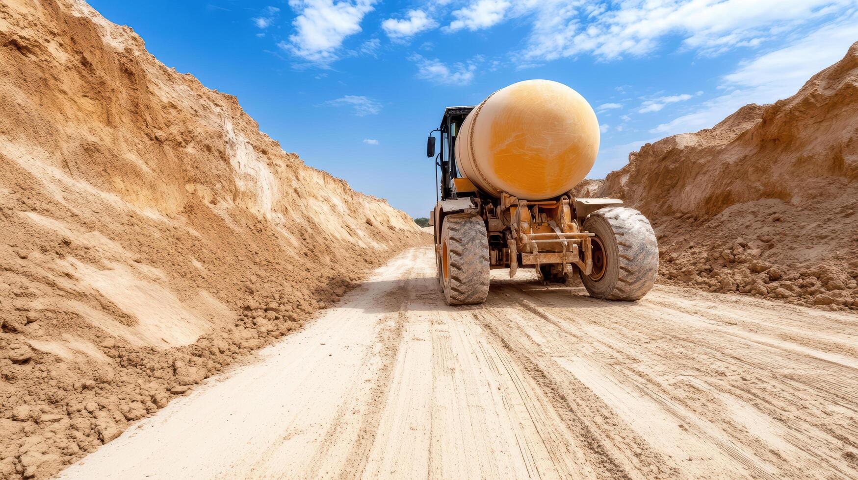 construction site with large concrete mixer on dirt road photo
