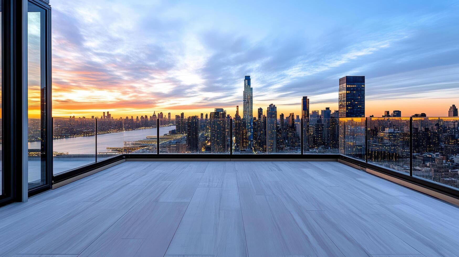 stunning skyline view at dawn from modern balcony with glass railing photo