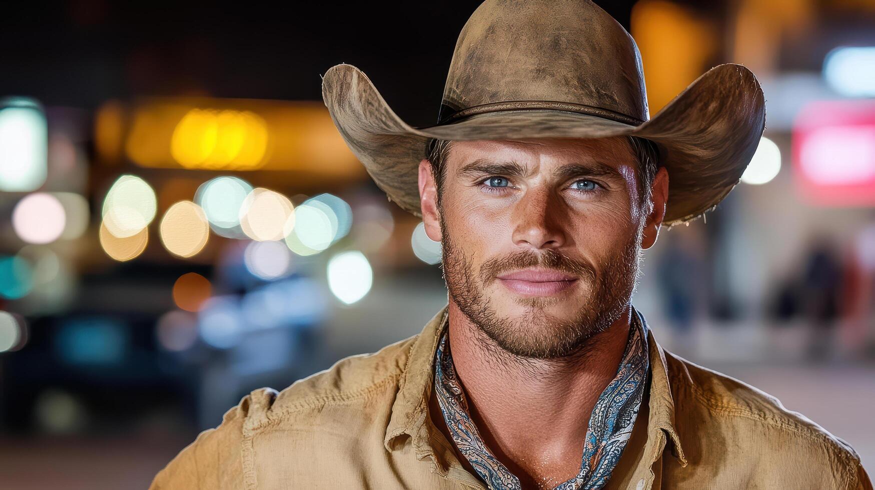 cowboy with bandana and hat stands confidently in vibrant street scene photo