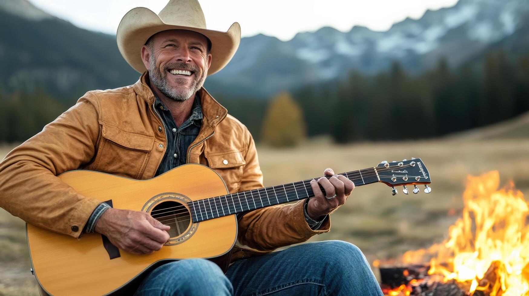 cowboy with guitar sings joyfully by campfire in nature photo
