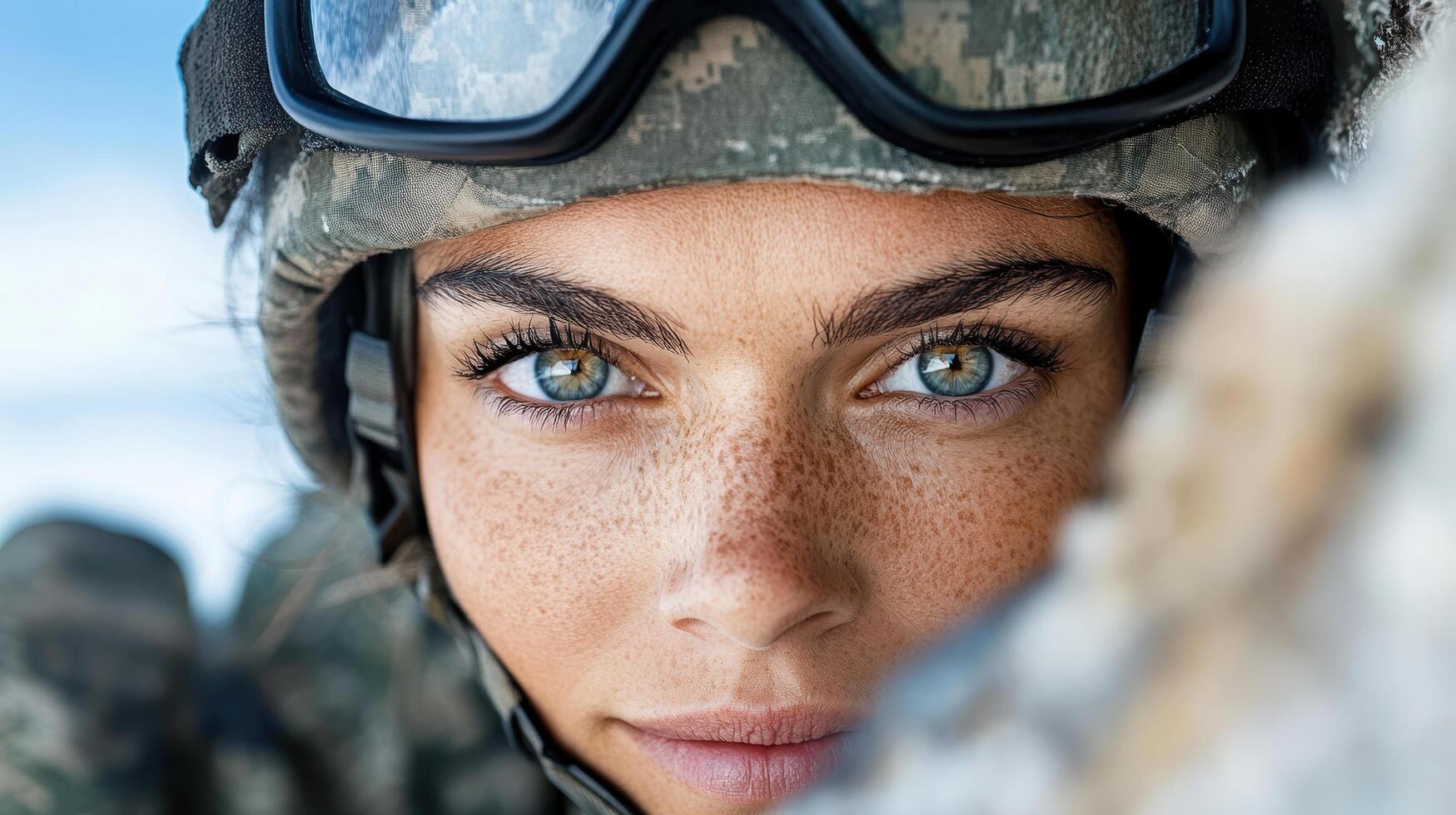 soldier with striking eyes and determination, focused on mission photo