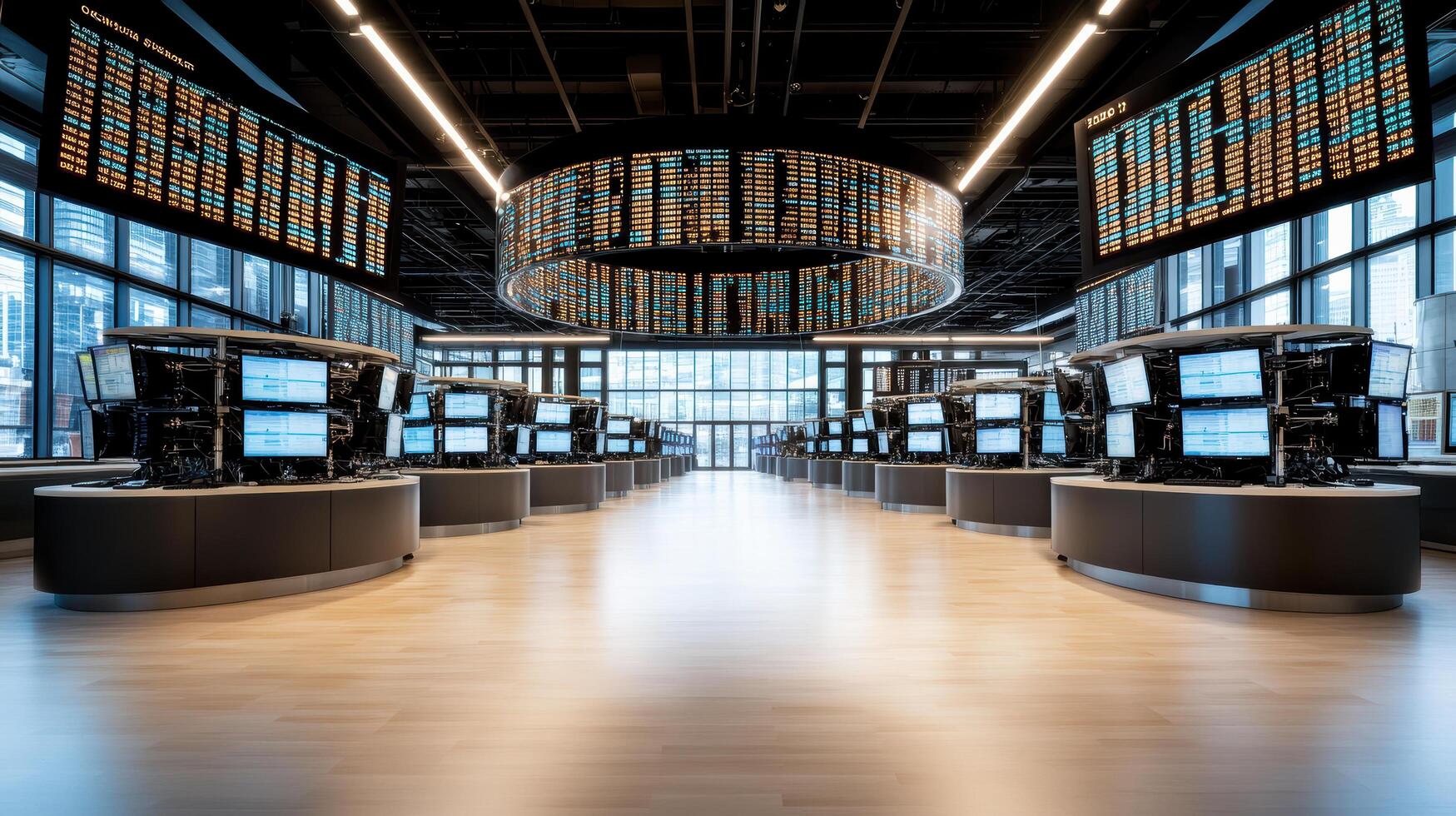 modern stock exchange trading floor with multiple screens and LED displays photo