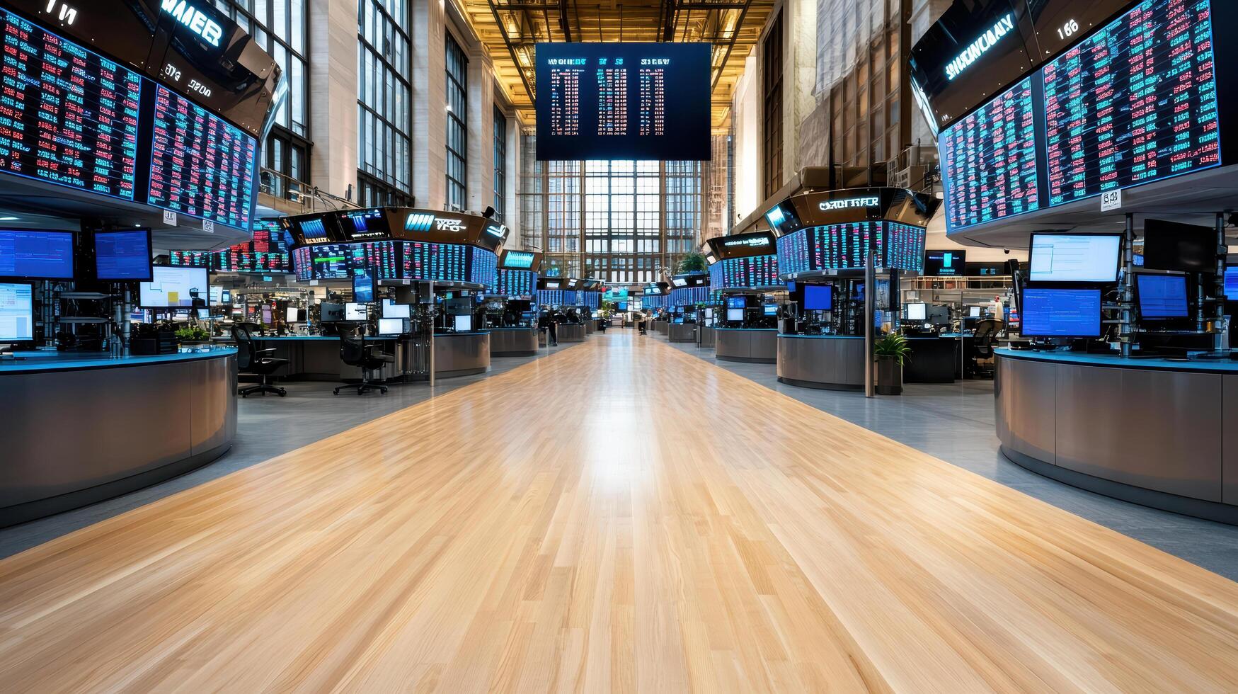 modern stock exchange trading floor with digital displays and monitors photo