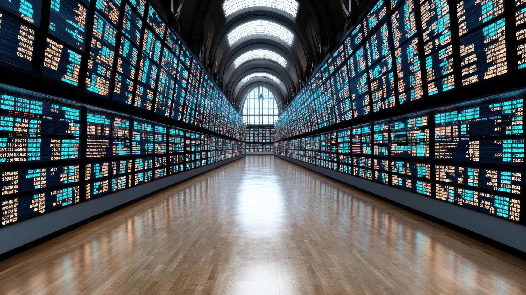 modern stock exchange trading floor with digital displays and wooden flooring photo