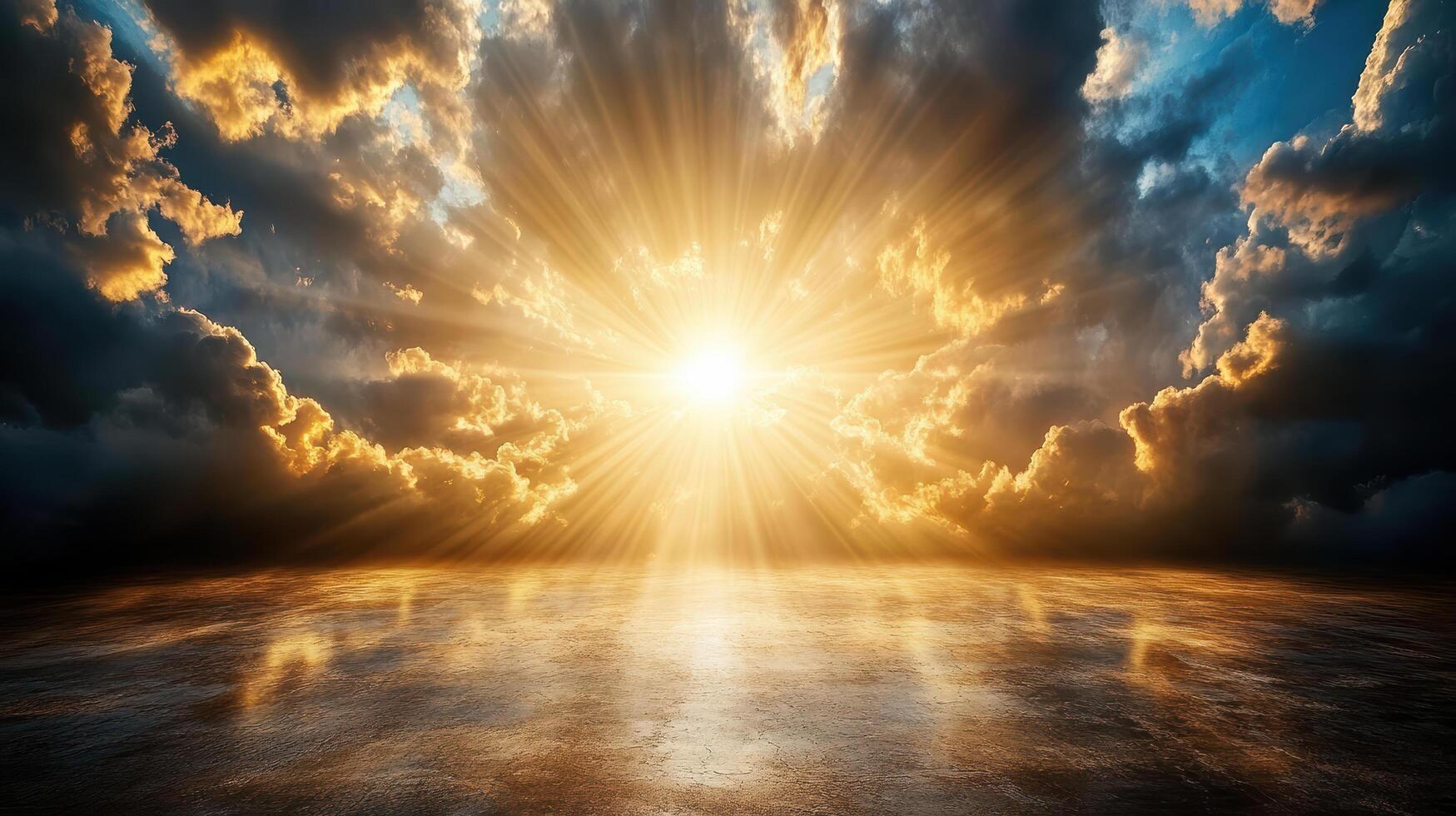 sunrise breaking through dark clouds, illuminating sky with golden rays photo