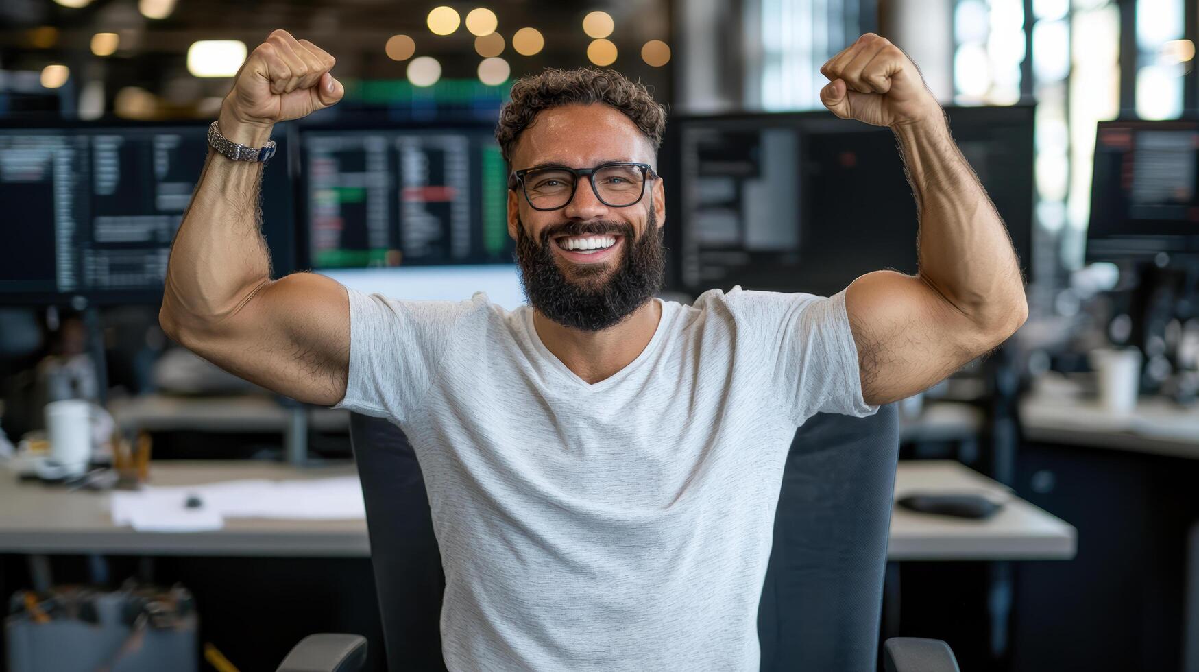 Successful trader celebrating victory with strong pose and smile photo