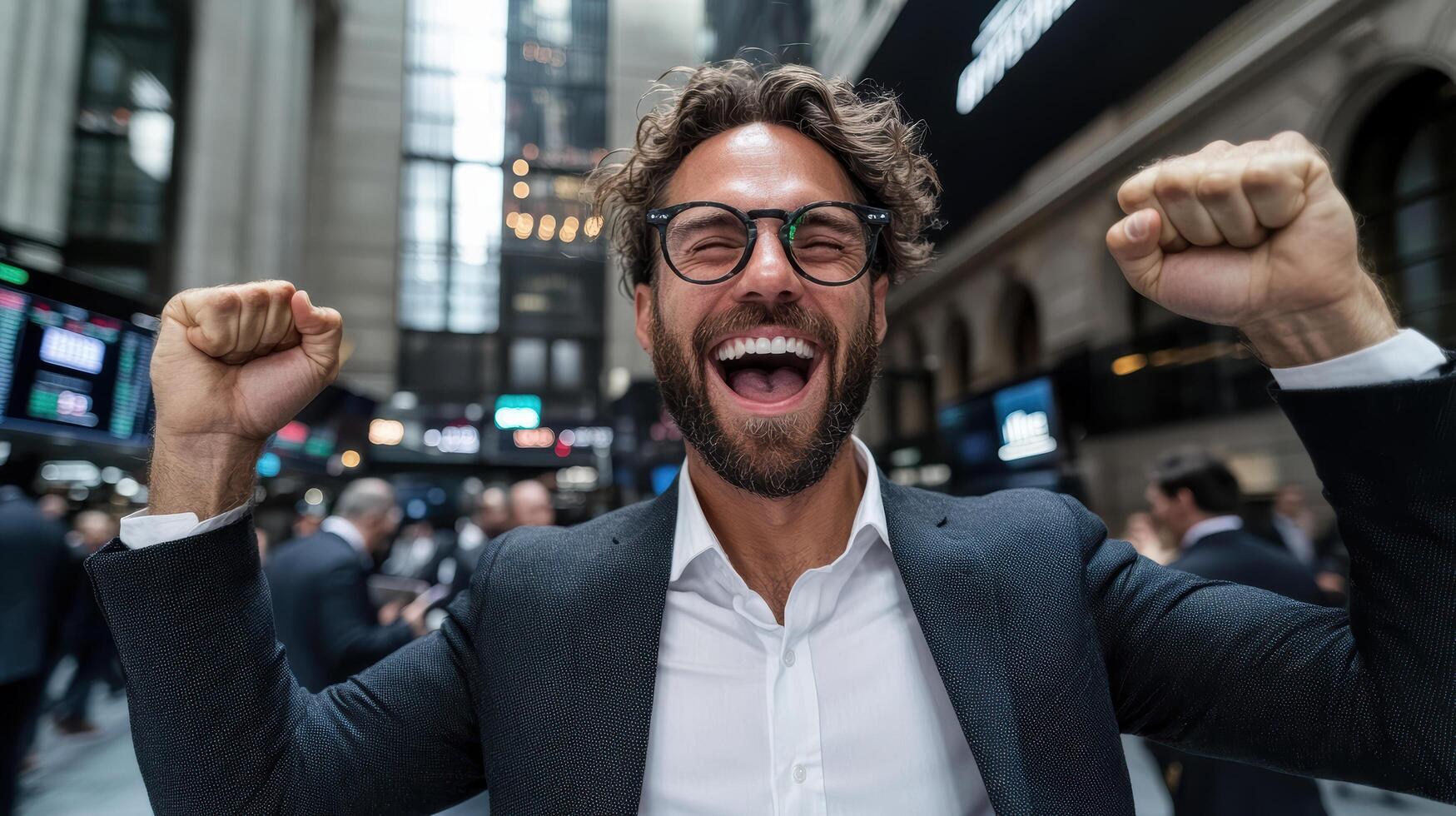Trader celebrating big win with fist pump and joyful expression photo