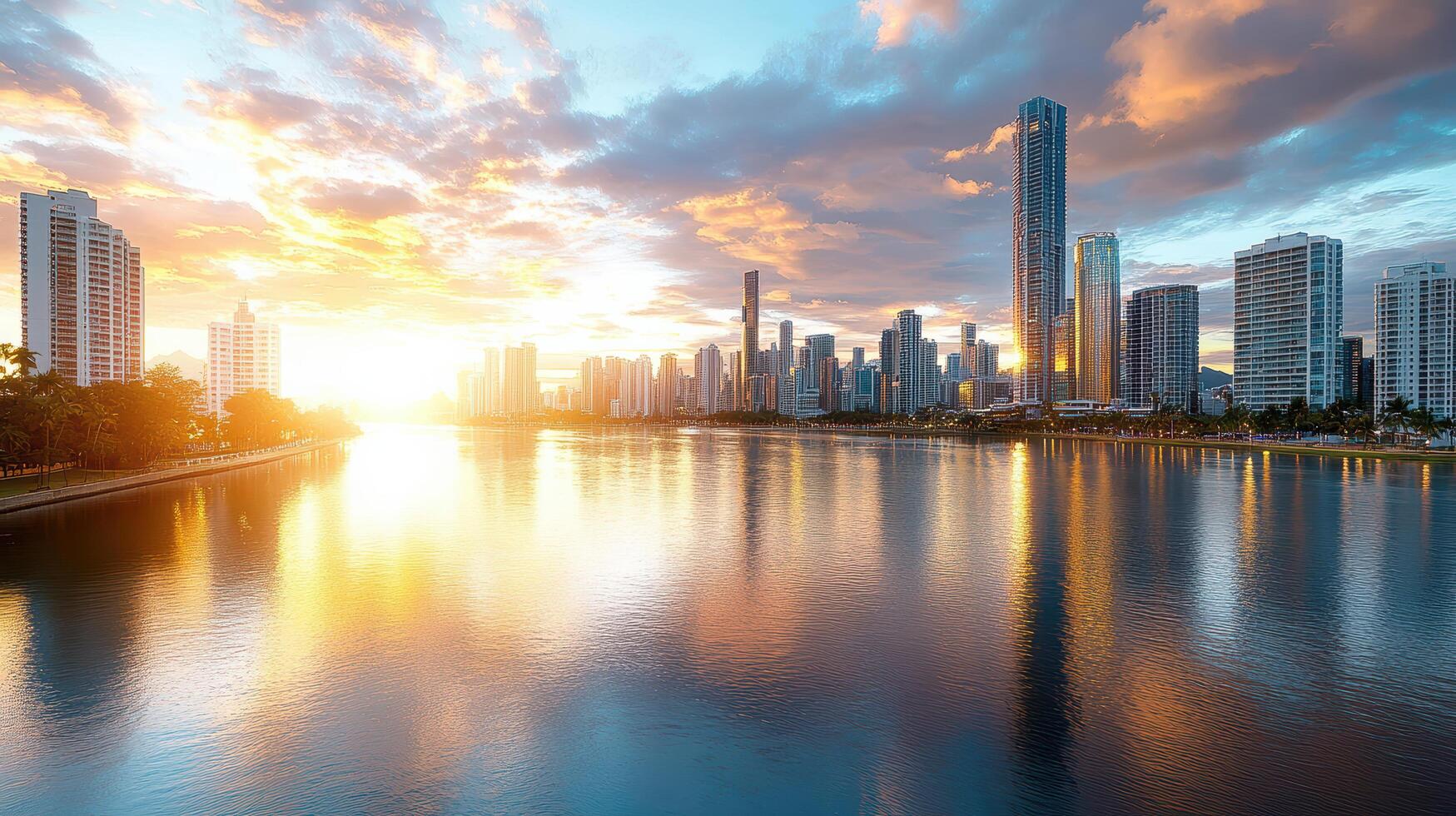 vibrant city skyline at dusk reflecting on water, symbolizing beauty photo