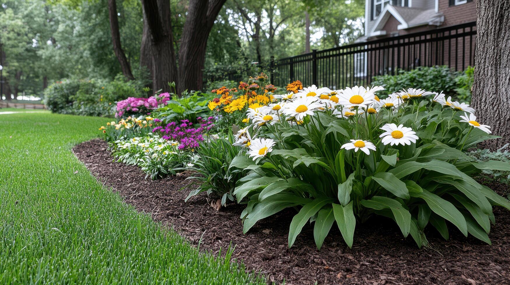 vibrant garden in full bloom with colorful flowers and lush greenery photo