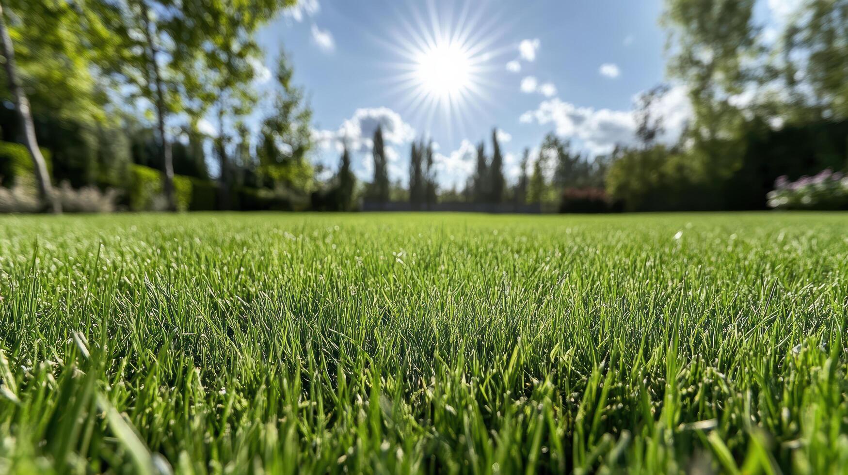 Freshly cut grass in sunny backyard with vibrant greenery and sunlight photo