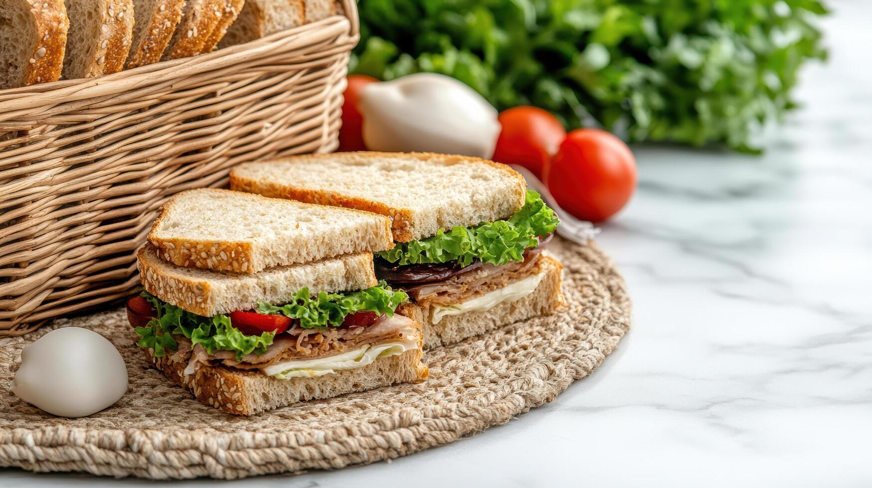 Freshly made sandwiches with lettuce, tomatoes, and basket of bread photo