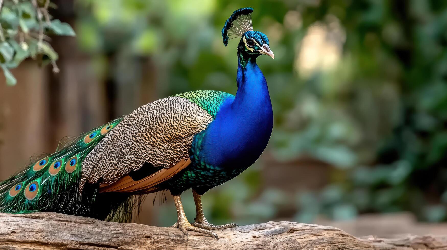 Richly colored peacock displaying its vibrant feathers in nature photo