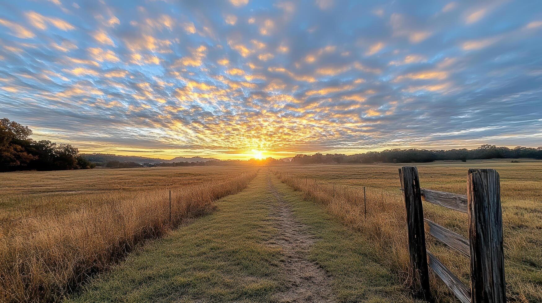serene sunrise over golden field, with path leading to horizon photo