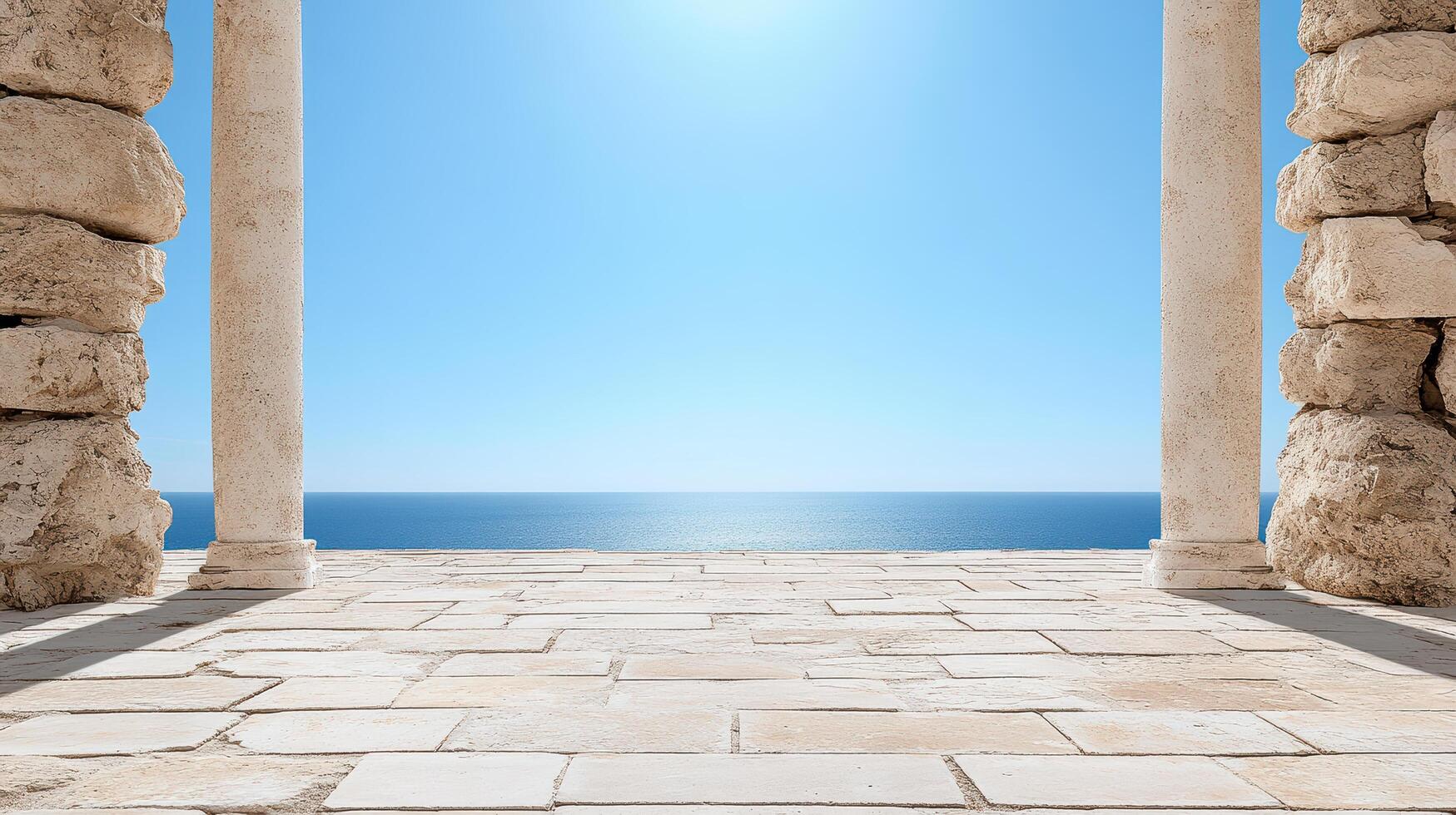 serene view of ancient architecture with columns overlooking ocean photo