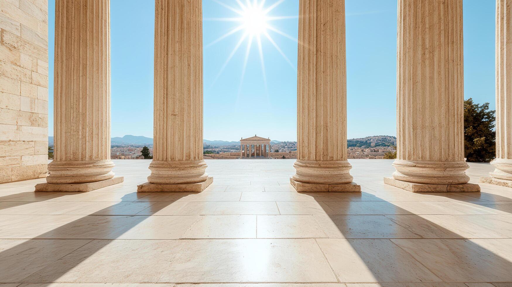 Ancient architecture with columns and sunlight illuminating scene photo