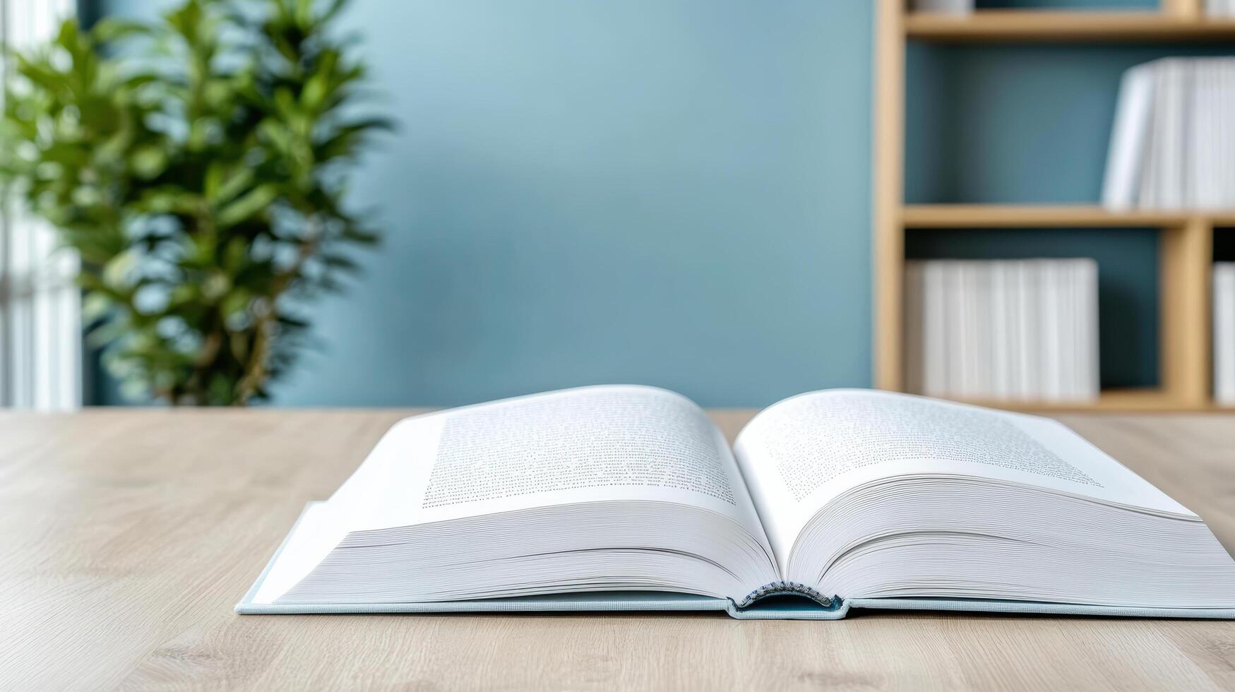 open book on wooden table with plant in background creates serene atmosphere photo