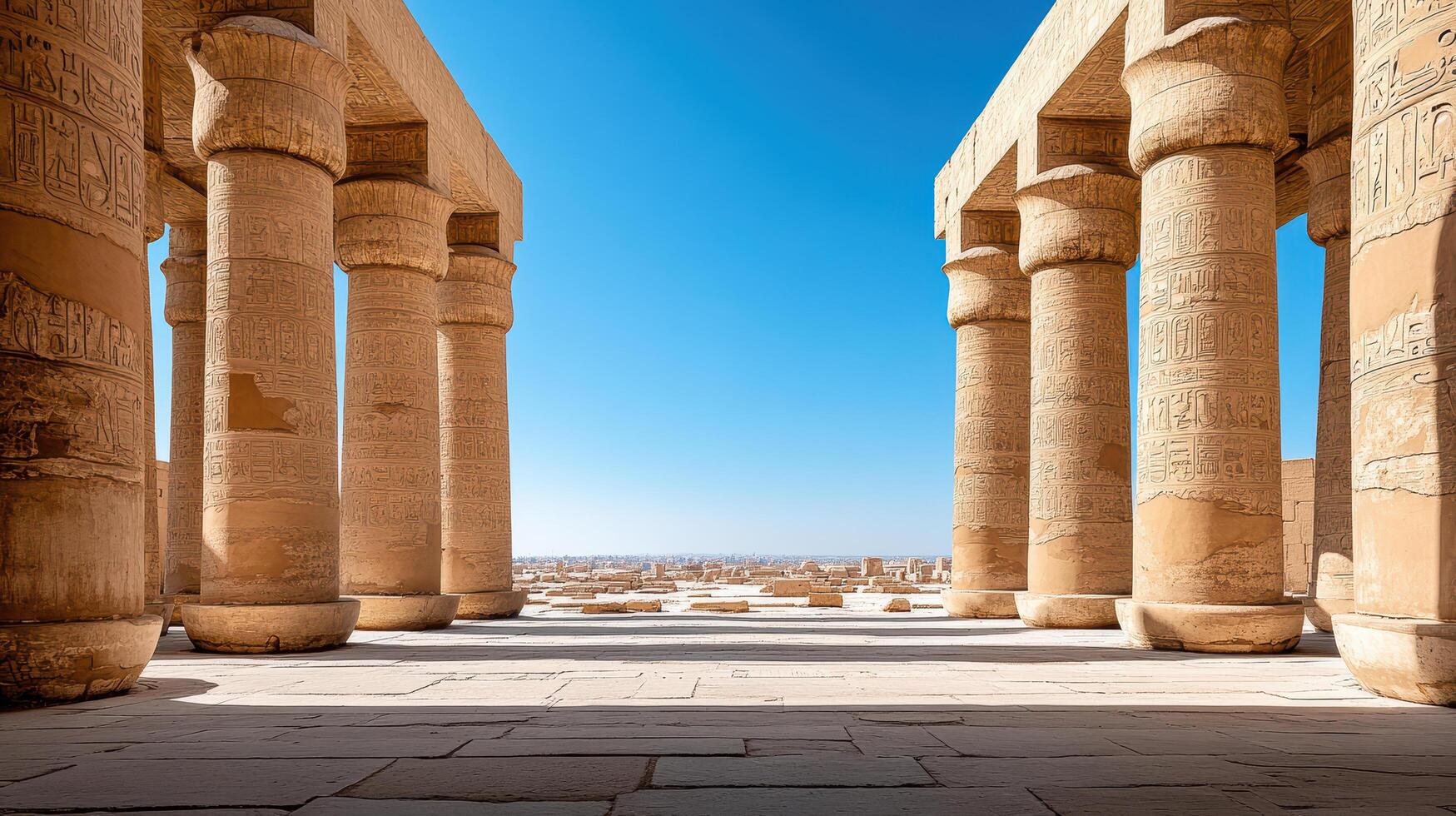 Ancient architecture with detailed columns under clear blue sky photo