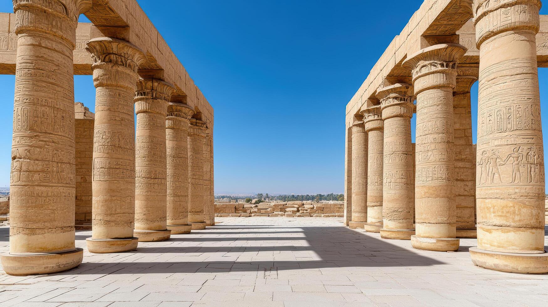 Ancient architecture with detailed columns against clear blue sky photo