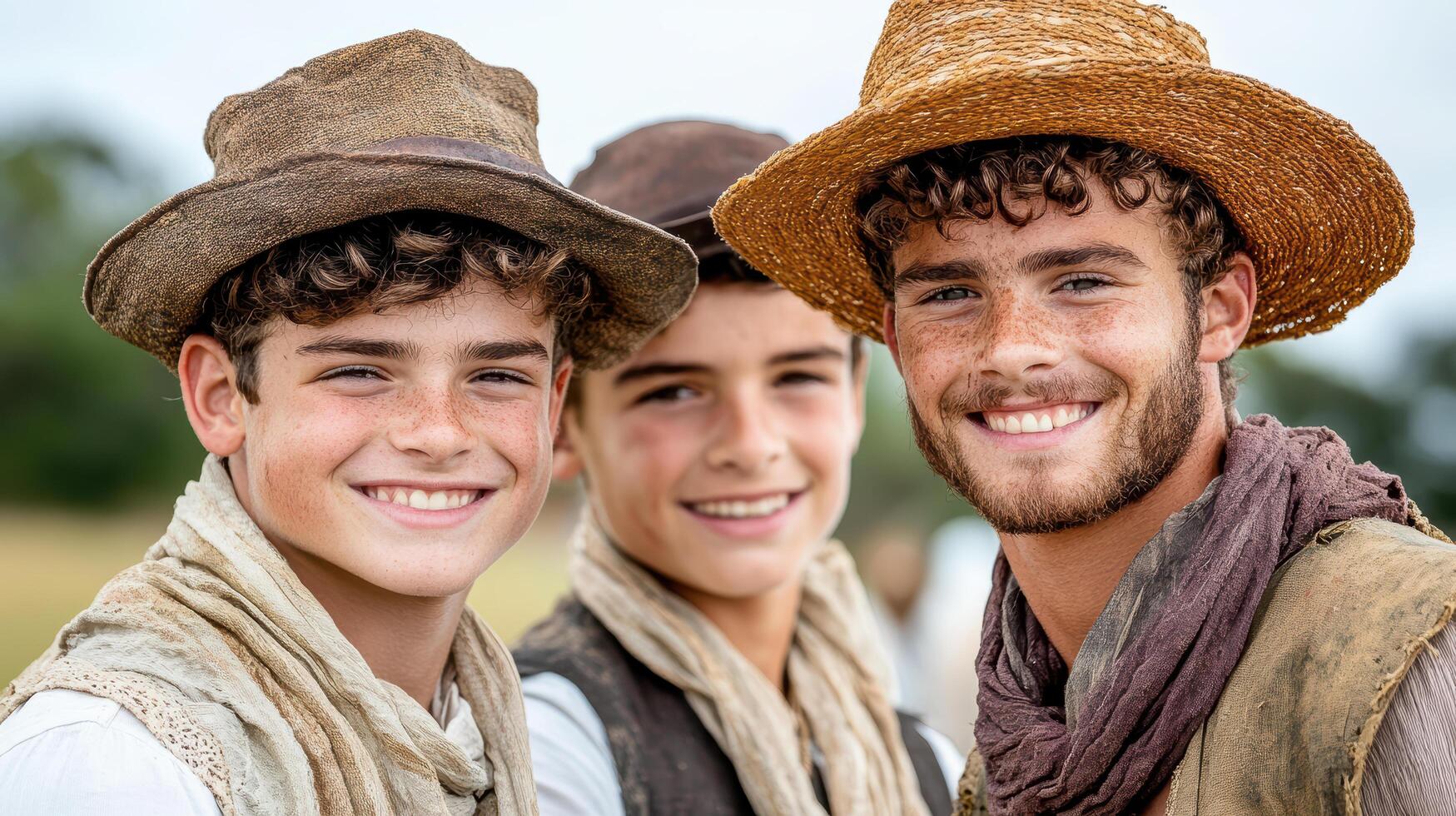 Historical reenactment with smiling young actors in vintage attire photo